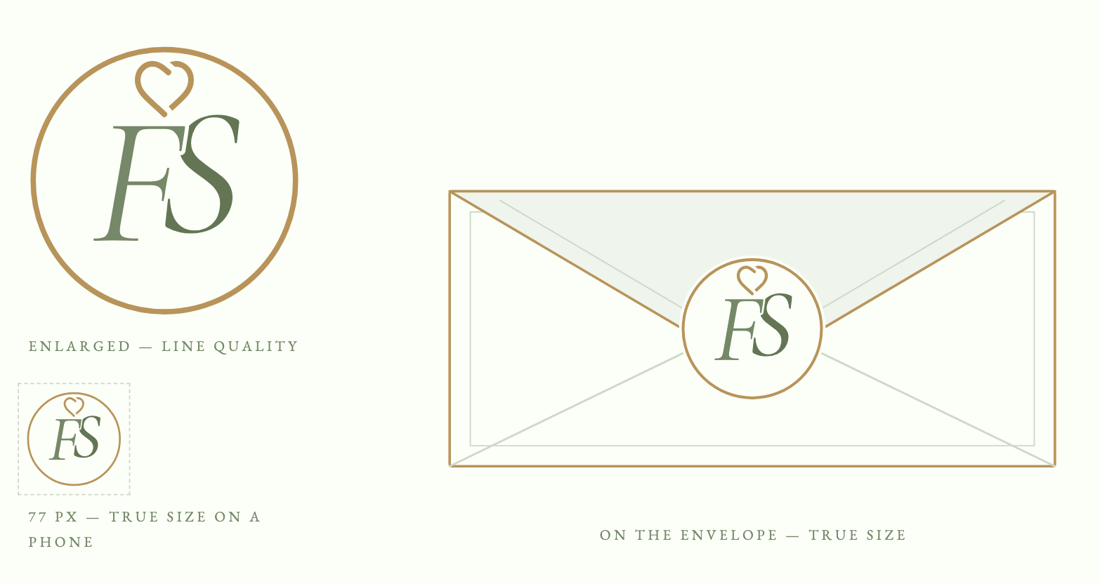 The chosen interlaced F&S monogram — shown enlarged for line quality, at 77px true size on a phone, and sitting on the envelope flap